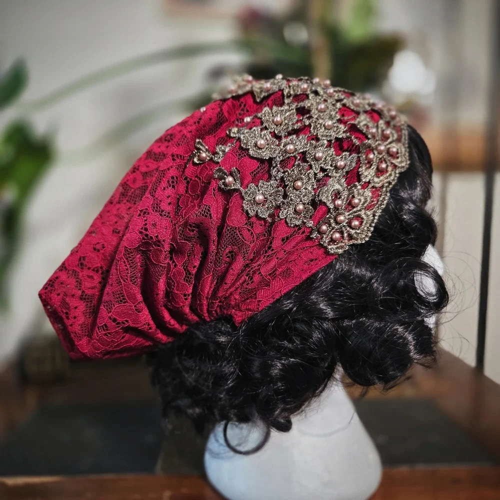 Turban Hat Red Lace Gold Beaded Pearl Flapper Vintage Style Evening Headpiece OS